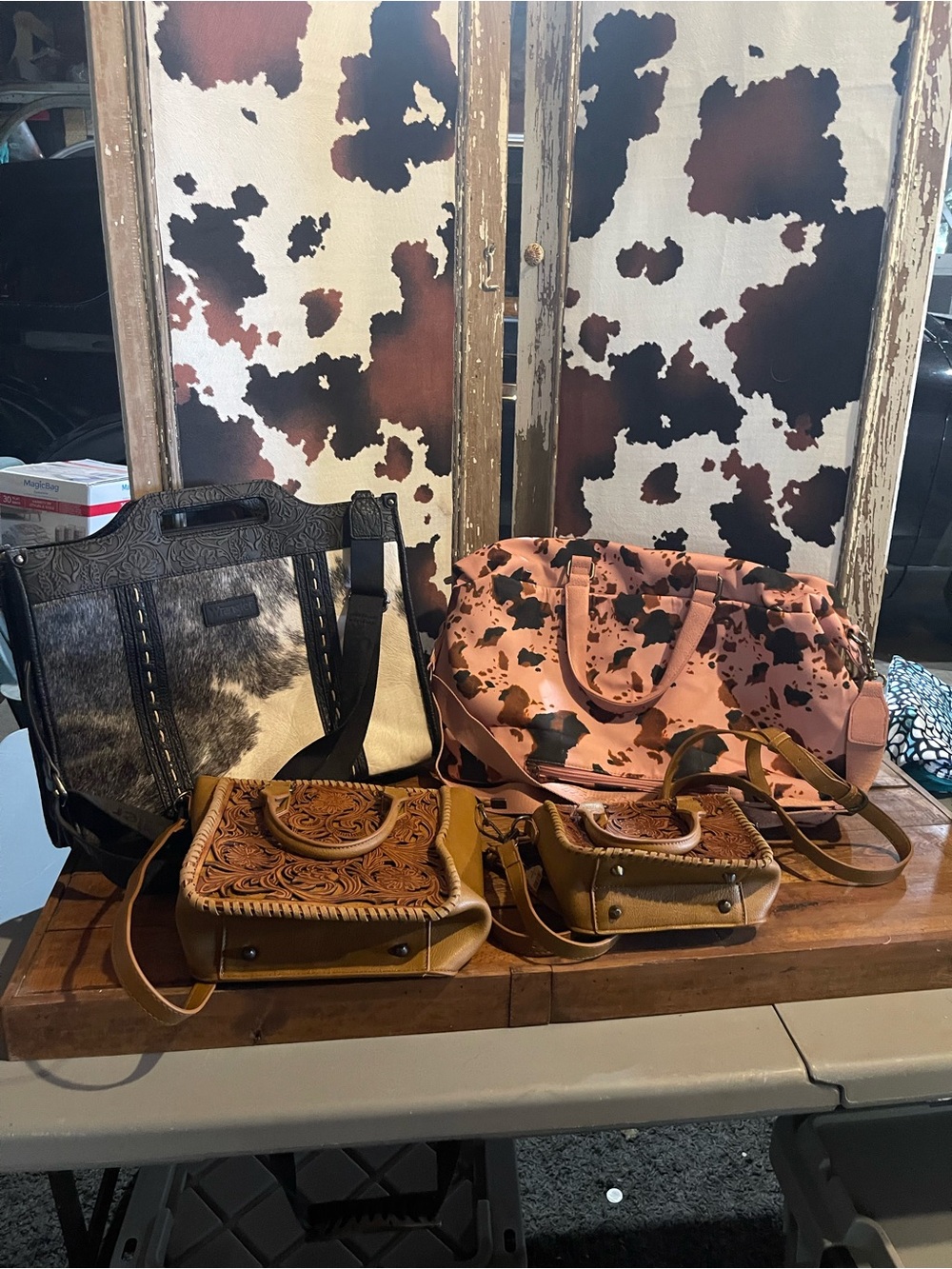 Cowhide Tote and Pink Cow Print Weekender Bag Set